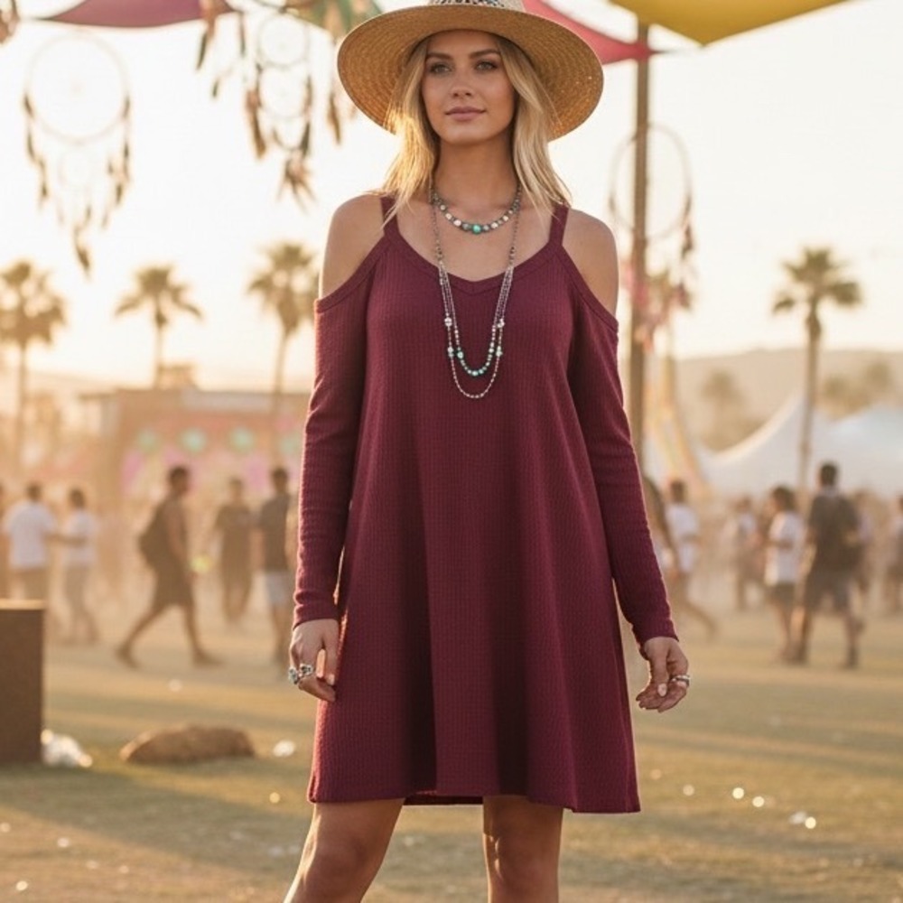 Alya Burgundy‎ Cold Shoulder Waffle Knit Shift Dress Long Sleeve Boho Festival M